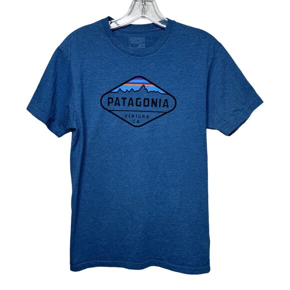 Patagonia Shirt Mens Small Slim Fit Blue Fitz Roy Crest T-Shirt Organic‎ Cotton - Picture 1 of 7